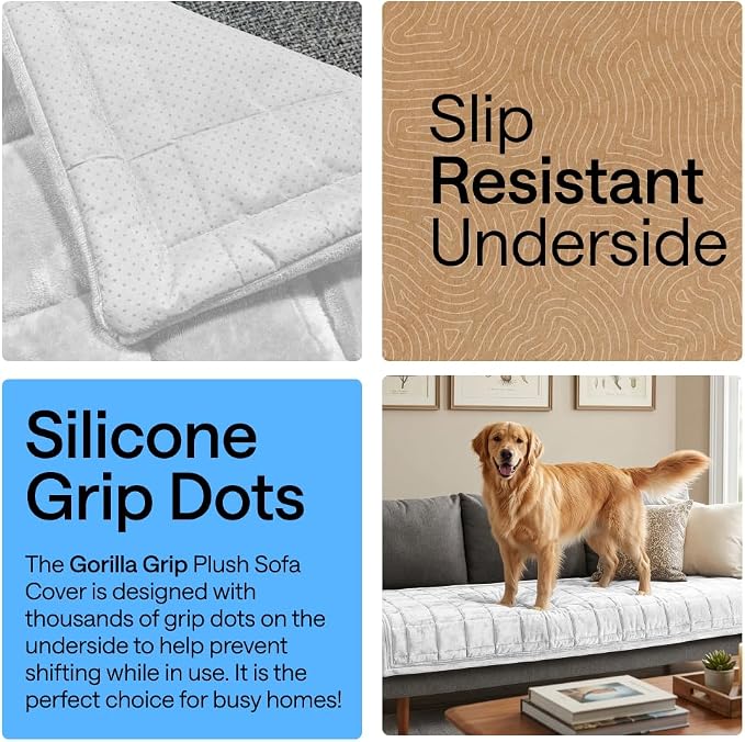 GORILLA GRIP Slip and Leak Resistant Plush Quilted Large Chair Cushion Cover Blanket, Soft Couch Covers for Sofa Dogs, Machine Washable Furniture Protector Pet Friendly Couches, White, 48x28 Inches