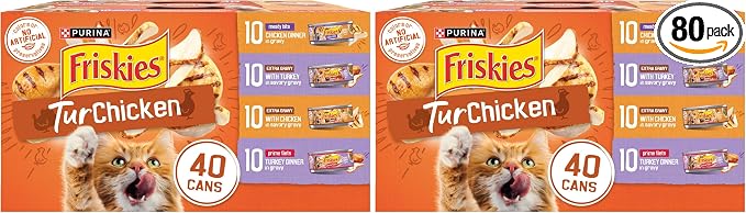 Purina Friskies Wet Cat Food Gravy Variety Pack, TurChicken Extra Gravy Chunky, Meaty Bits and Prime Filets - 5.5 oz. Cans (Pack of 80)