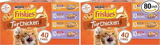 Purina Friskies Wet Cat Food Gravy Variety Pack, TurChicken Extra Gravy Chunky, Meaty Bits and Prime Filets - 5.5 oz. Cans (Pack of 80)