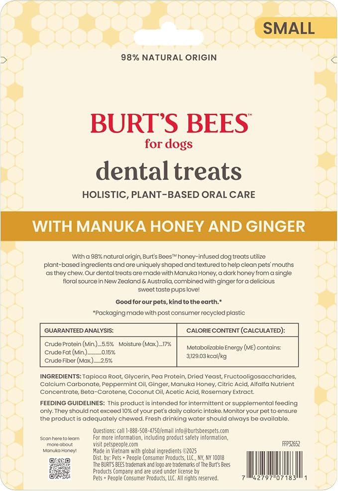 BURT'S BEES FOR PETS Dental Treats for Dogs with Manuka Honey & Ginger, 98% Natural Origin, Holistic Oral Care, Freshens Breath, Peppermint Flavor, Small Size, 10 ct, 6.8 Oz