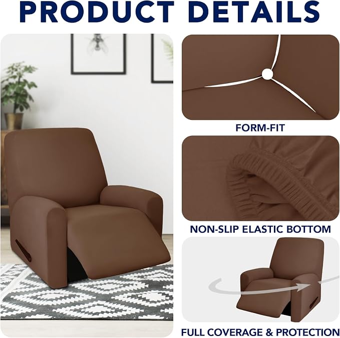 PureFit 100% Dual Waterproof Recliner Cover, Waterproof Couch Cover for Recliner - Stretch Non Slip Fleece Sofa Covers Washable, Leakproof Furniture Protector for Kids, Pets, Dog (Recliner, Brown)