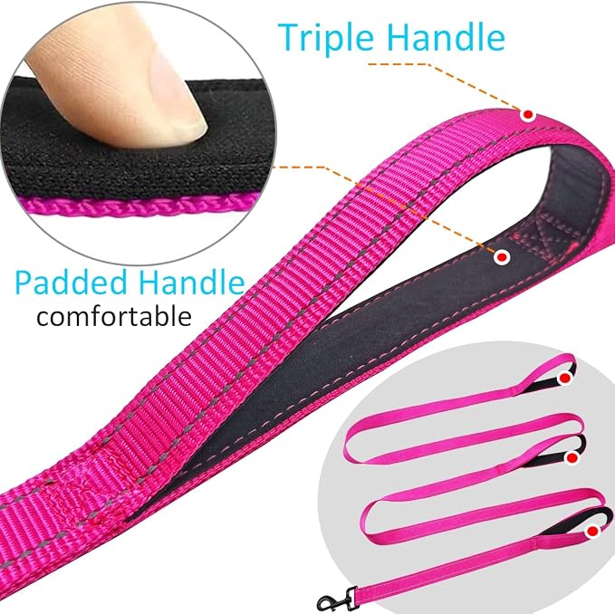 3 Handle Dog Leash, 10FT Triple Handle Reflective Stitching with Padded Traffic Handles, Heavy Duty, Training Pet Lead for Control and Safety (Pink)