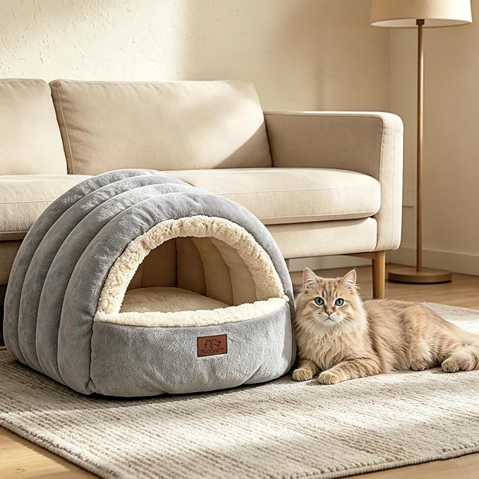 Covered Cat Bed Cave for Indoor Cats, 2-in-1 Enclosed Pet Bed for Small Dogs and Kittens with Zippered Washable Cat Mats, Cat House Bed, Grey