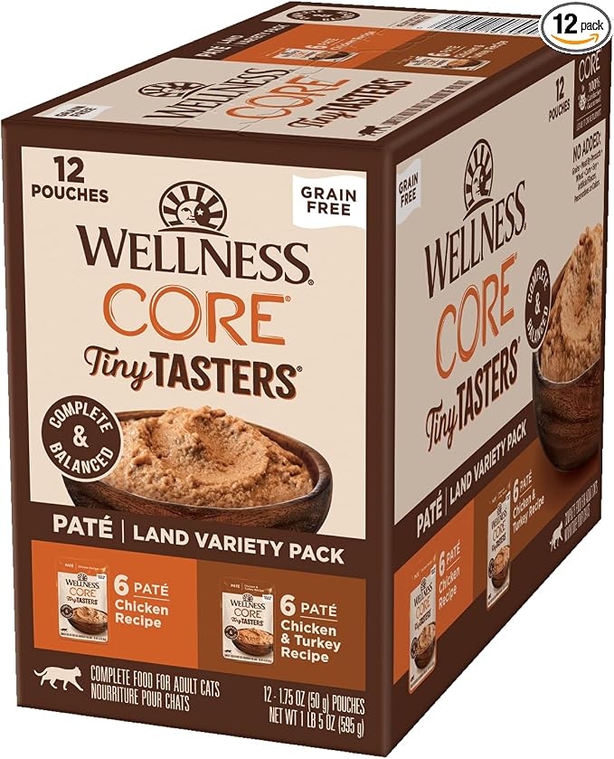 Wellness CORE Tiny Tasters Pate Variety Pack Adult Wet Cat Food, Natural, Protein Rich, Grain Free, Land Recipes, 1.75 oz, Pack of 12 Pouches