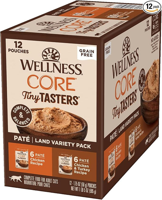 Wellness CORE Tiny Tasters Pate Variety Pack Adult Wet Cat Food, Natural, Protein Rich, Grain Free, Land Recipes, 1.75 oz, Pack of 12 Pouches