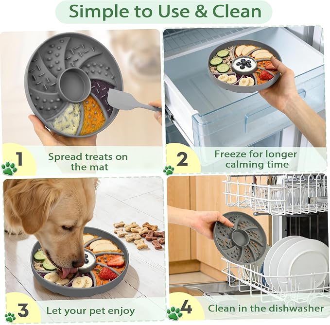 Silicone Dog & Cat Slow Feeder Bowl Lick Mat with Strong Suction Cups, Anti-Spill Design, Multi-Textured, Extend Mealtime, Reduce Anxiety, Dishwasher Safe, All Breeds & Ages (Grey)