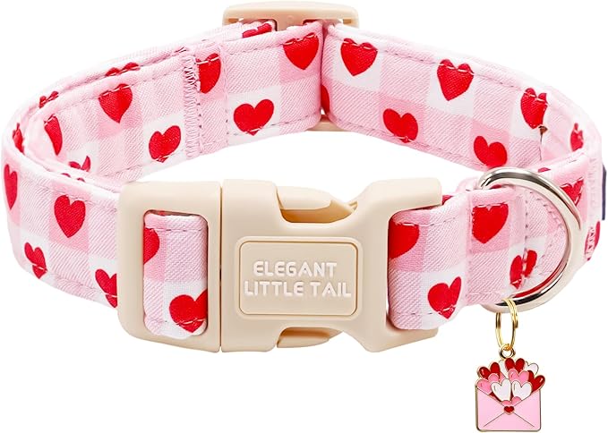 Elegant little tail Valentine's Dog Collar - Pink Plaid Red Heart Dog Collars Cotton Soft Puppy Adjustable Pet Collars with Sturdy Quick Release Buckle for Medium Dogs