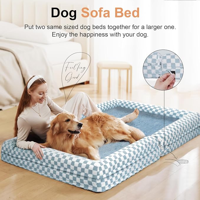 Large Dog Bed Orthopedic Washable: Beds Bolster XXL Bed Big XLarge Dogs Egg Crate Foam Sofa Couch Waterproof Removable Cover - Blue Grid