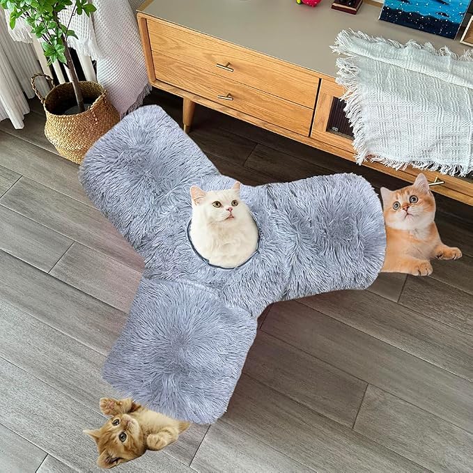 3-Way Collapsible Cat Tunnel Tube Toy Grey Plush — Interactive Play Tunnel with Hanging Ball & Peek Hole for Indoor Cats, Kittens, Puppies & Rabbits | Hours of Fun & Exercise
