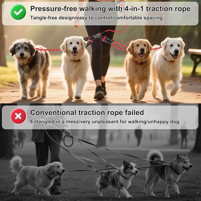 4 Way Dog Leashes,No Tangle Medium Small Dog Walking Leash,Nylon Pet Leash for 1 to 4 Dogs Outdoor Walking (Red)