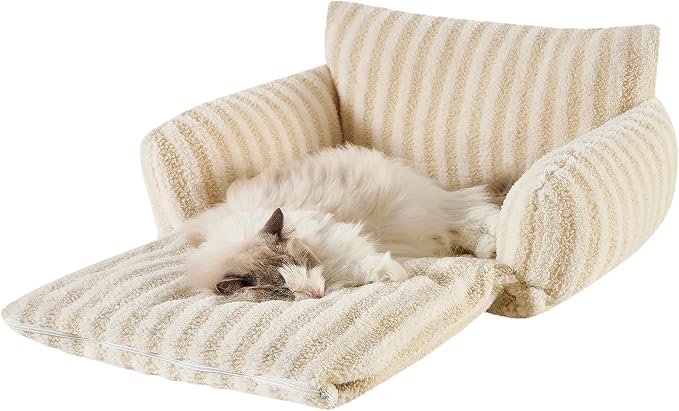 Hollypet Cat Bed Fluffy Plush Multifunctional Double-Layer Machine Washable Soft Warming Kitty Pet Couch Orthopedic Nest Beds for Small Cats Kitten and Dogs up to 13lbs, Beige(25x20x13 inch)