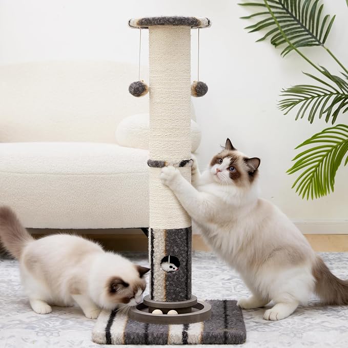 Woochpet 34inches Cat Scratching Post Sisal Cat Scratcher with Cat Ball Track Toy Heavy Duty and Thicker Large Diameter Natural for Adult Cats and Kitty Protect Your Furniture (Grey)