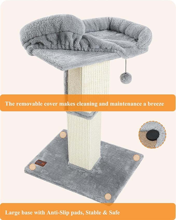 Karolpar 32" Cat Scratching Post for Indoor Cats, Sisal Cat Scratcher with Plush Perch, Large Scratch Post with Bed, Removable Cover, Sisal Fabric,Light Grey