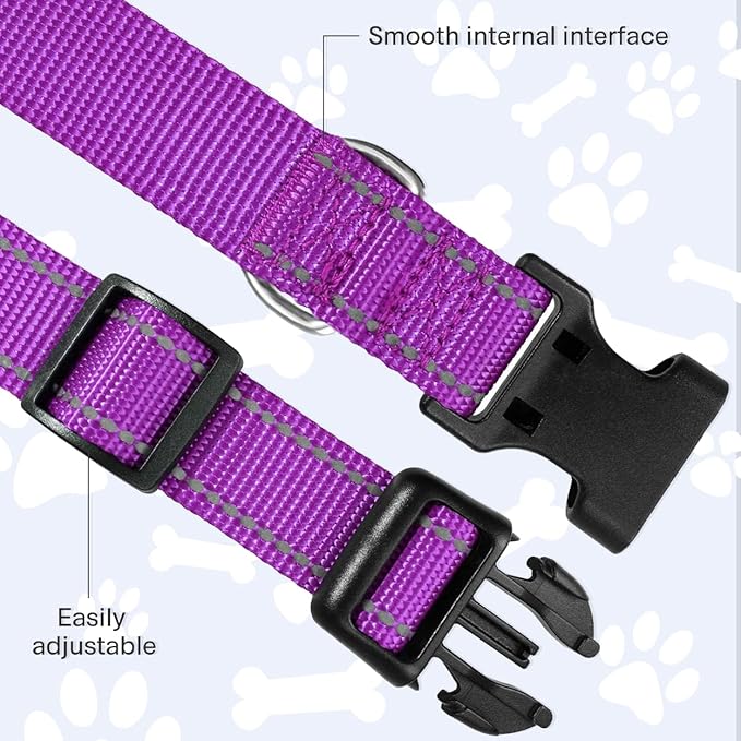 FunTags Length 16" - 24" Reflective Purple Dog Collar for Large Dogs – Night Walking & Training Safety, Durable Quick Release Buckle, Nylon, Comfortable Adjustable, Width 1"