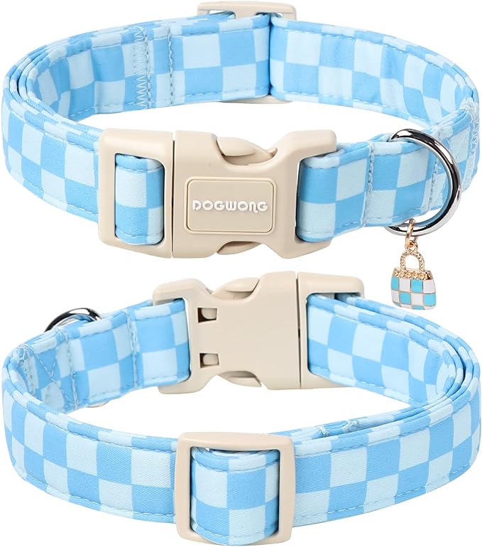DOGWONG Blue Checkered Dog Collar, Blue Plaid Dog Collars, Adjustable Cute Boy Pet Collars Girl Design Dog Collar for Small Medium Large Dogs,L