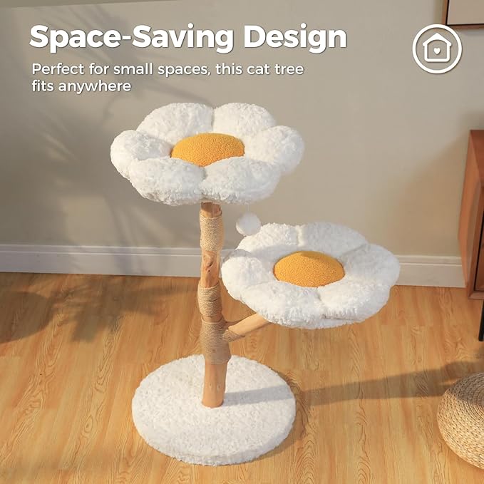 MUTTROS Wood Flower Cat Tree, Modern Cat Tower with Real Wood Branches, Luxury Boho Furniture with Scratching Post and 2 Perches, Cat Climbing Tower for Indoor Cats, Cloud White