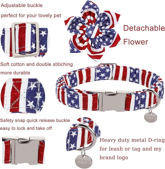 Dog Collar with Flower, 4th of July Comfortable Cotton Dog Collar, American Flag Collar for Large Girl Dog, Patriotic Flower Collar with Metal Buckle, L