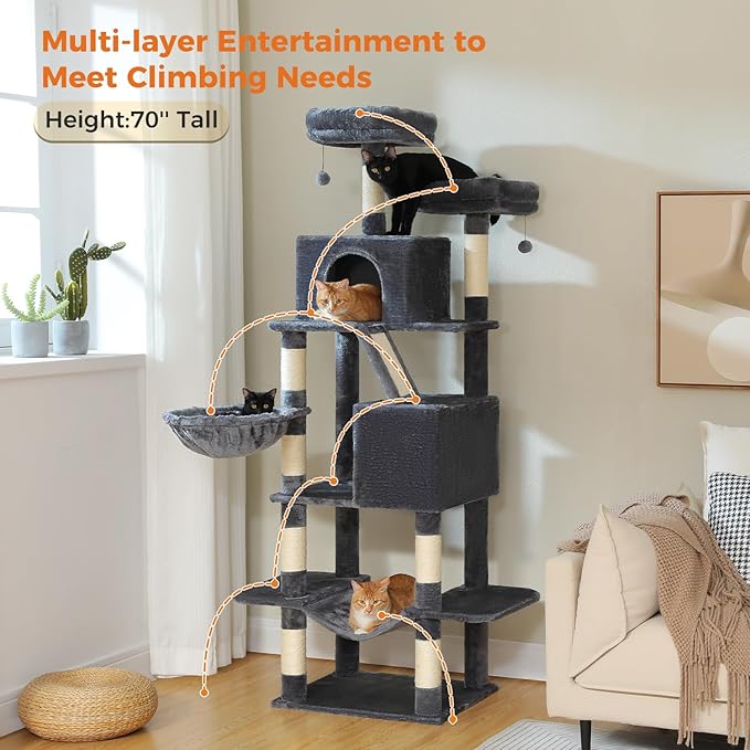 MUTTROS 70.8" Tall Cat Tree for Large Cats, Multi-Level Cat Tower with 8 Sisal Scratching Posts, 2 Top Perches, Big Condo, Large Hammock, and Cat Furniture for Indoor Cats, Dark Gray