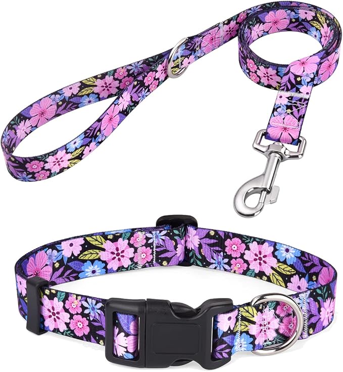 Mihqy Dog Collar and Leash Set with Bohemia Floral Tribal Geometric Patterns - Soft Ethnic Style Collar Adjustable for Small Medium Large Dogs(Pink Floral Set,M)