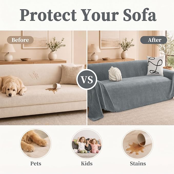 hyha Couch Cover for Dogs, Boho Sofa Covers for 3 Cushion Couch Washable, Chenille Sofa Slipcover for Pets, Soft Loveseat Sectional Couch Throw Blankets with Tassels (Grey, 71x150 Inch)