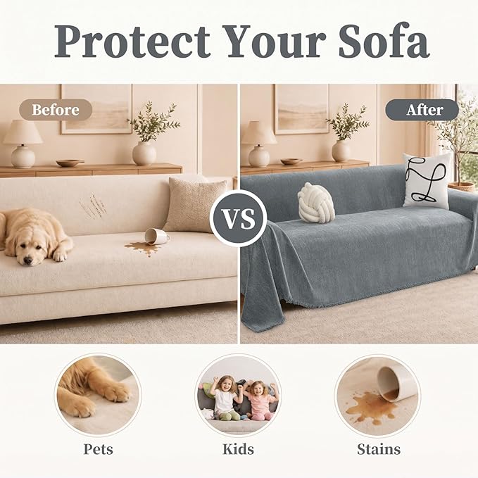 hyha Couch Cover for Dogs, Boho Sofa Covers for 3 Cushion Couch Washable, Chenille Sofa Slipcover for Pets, Soft Loveseat Sectional Couch Throw Blankets with Tassels (Grey, 88.5x150 Inch)