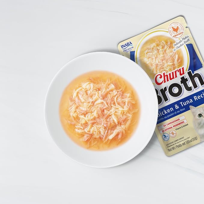 INABA Churu Broth for Cats, Creamy Purée Side Dish Pouch, 1.05 oz Pouches, 15 Pouches Total, Chicken Variety