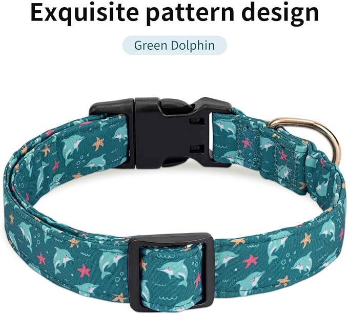 Personalized Dog Collars,Adjustable Puppy Collars with Safety Buckle for Small Medium Large Dogs,Cute and Unique Pink Cherry Pattern Pet Collar for Boy Girl Dogs. (Green Dolphin, S)
