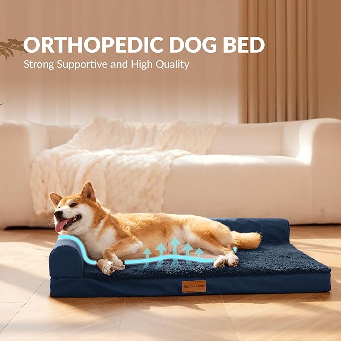 Patas Lague Orthopedic Dog Bed Large Sized Dog 36''X24'', Waterproof L Bolster Medium Pet Sofa Beds with Removable Washable Cover, Soft Pet Couch Crate Mat with Nonskid Bottom, Navy Blue