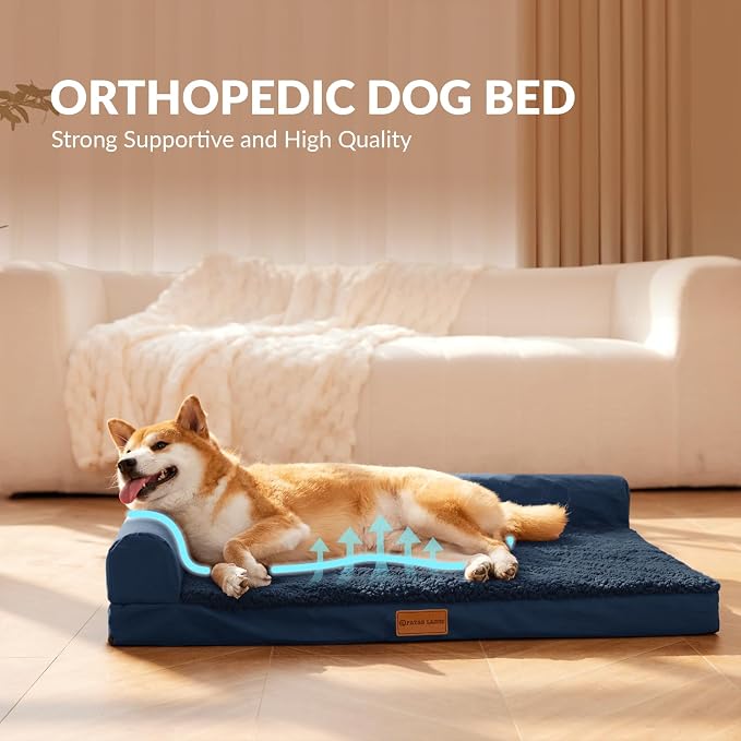 Patas Lague Orthopedic Jumbo Dog Bed for Extra Large Dogs 56''X40'', Waterproof L Bolster Jumbo Pet Sofa Beds with Removable Washable Cover, Soft Pet Couch Crate Mat with Nonskid Bottom, Navy Blue