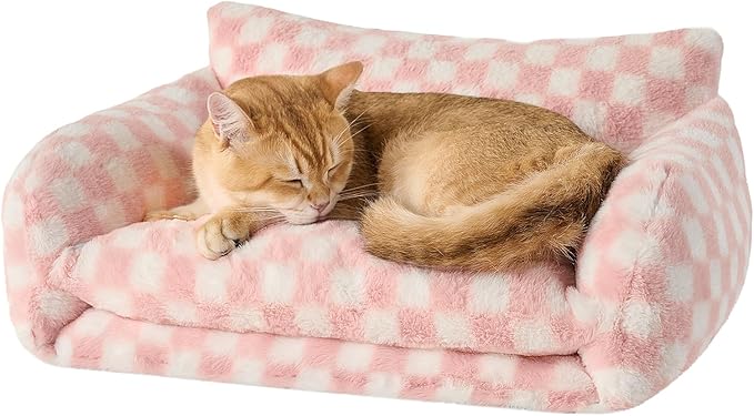 Hollypet Cat Bed Fluffy Plush Multifunctional Double-Layer Machine Washable Soft Warming Kitty Pet Couch Orthopedic Nest Beds for Small Cats Kitten and Dogs up to 13lbs, Pink and White(21x15x8 inch)