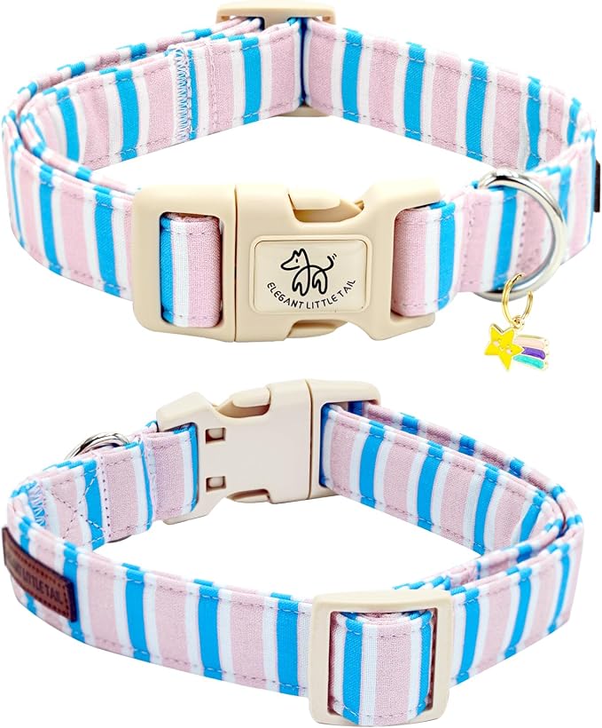 Elegant little tail Dog Collar, Cute Pink with Blue Strip Pattern Pet Collars Soft Girl or Boy Adjustable Cotton Puppy Collar with Quick Release Buckle for X-Small Puppy