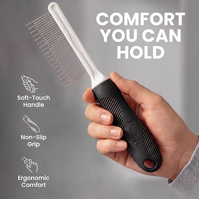 POODLIE Poodle Pet Dog Combs for Grooming Matting - Metal Comb for Dogs with Long & Short Stainless Steel Teeth - Dematting Comb for Cats to Remove Matted Hair & Knots, Black