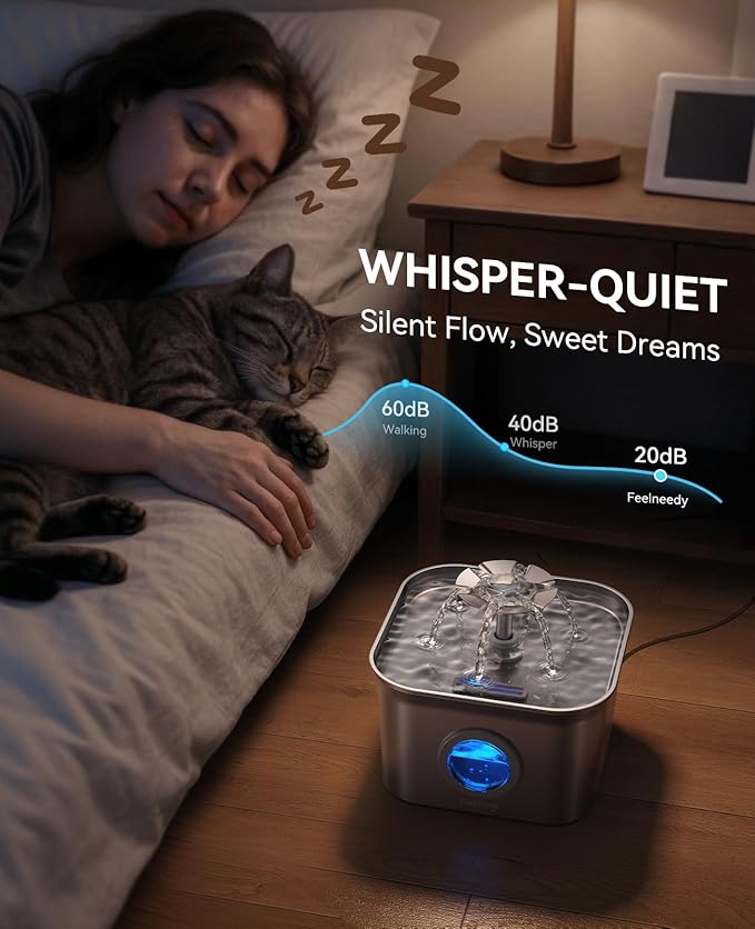 Stainless Steel Cat Water Fountain, 2.8L with 20dB Ultra-Quiet Pump- Ideal for Timid Pets, LED Water Level Window, Dishwasher Safe, 24/7 Circulation- Includes 6 Replacement Filters