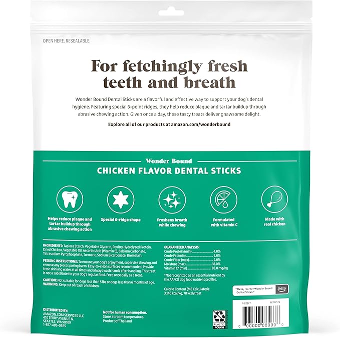 Wonder Bound Chicken Dental Sticks for Large Dogs | 40 Count Pack of 2 | Plaque & Tartar Control | 6-Ridge Shape