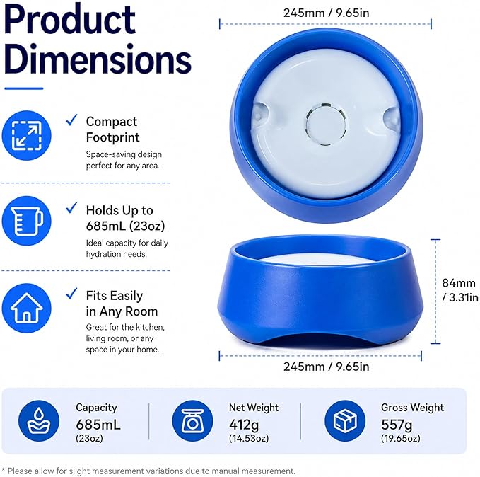 No Spill Dog Water Bowl, Pet Floating Water Bowl No Wet Mouth, Anti Splash & Anti Tip Slow Water Feeder, Keeps Fur Dry Clean Drinking Bowl for Dogs & Cats, Large Capacity Travel Friendly