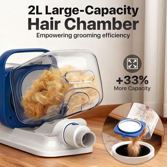 Buenkee Dog Grooming Kit with Vacuum, 15000Pa Pet Hair Clipper and Shedding Brush, 50dB Low Noise, 2L Capacity, White