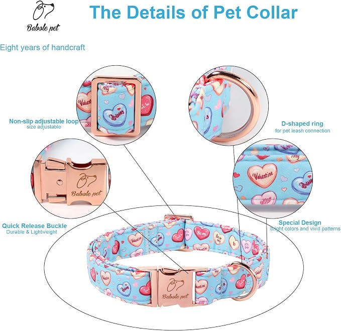 Valentines Dog Collar for Medium Dogs - Cute Blue Heart Pattern Puppy Collar Sweet Valentine Adjustable Heavy Duty Pet Collar with Metal Buckle M