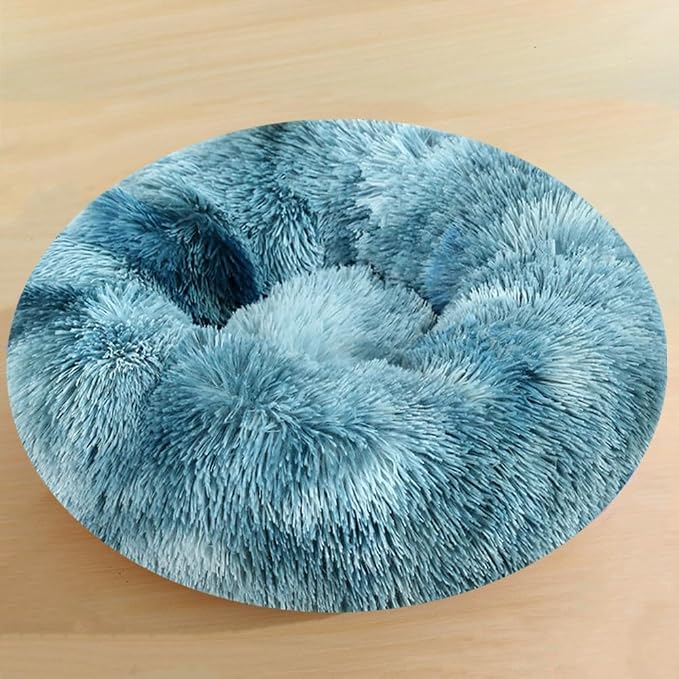 Calming Donut Dog Bed, 24 Inch Round Fluffy Cats Beds for Small Medium Dogs and Cats, Washable Anti-Anxiety Plush Dogs Beds Mute Base Warming Cozy Soft Pet Puppy Bed, Haze Blue
