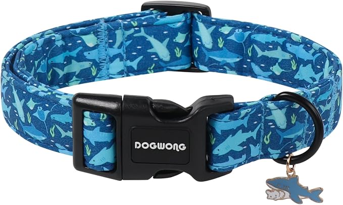 DOGWONG Summer Dog Collar for Large Dogs, Beach Hawaiian Shark Dog Collars, Blue Summer Boy Dogs Collars for Medium Lrage Dogs, Neck 39-60 inches