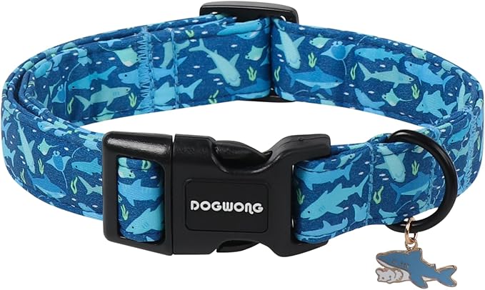 DOGWONG Summer Dog Collar for Large Dogs, Beach Hawaiian Shark Dog Collars, Blue Summer Boy Dogs Collars for Large Dogs, Neck 42-66 inches