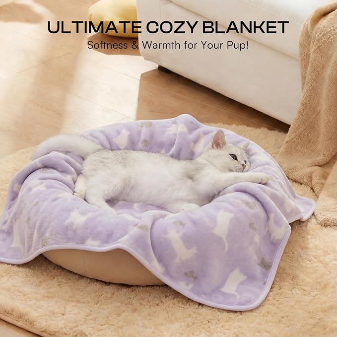 Luciphia 1 Pack 3 Cat Printed Fleece Pet Blankets Washable，Soft Warm Throw Covers for Crate Couch Bed，Cozy Puppy Essentials for Dogs and Cats，Purple/Grey/Khaki, Small (23x16 inch)