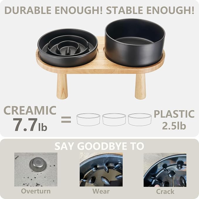 Ceramic Slow Feeder and Water Bowl Set for Medium and Large Dogs, 8.0 Inches Ceramic Dog Bowls Elevated with Wooden Stand, 2.0 Cups Dog Slow Feeder(30oz) and 70oz Water Bowl Set, Black
