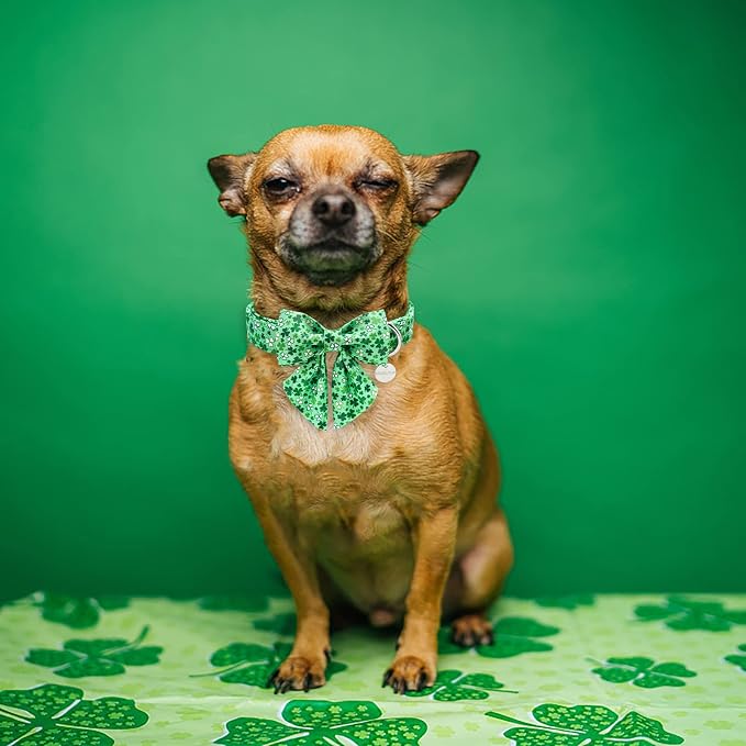St. Patrick's Dog Collar with Bow Tie, Cotton St. Patrick's Bowtie Collar for Large Girl Boy Dog, Lucky Shamrock Dog Collar with Metal Buckle, Green, Spring, L