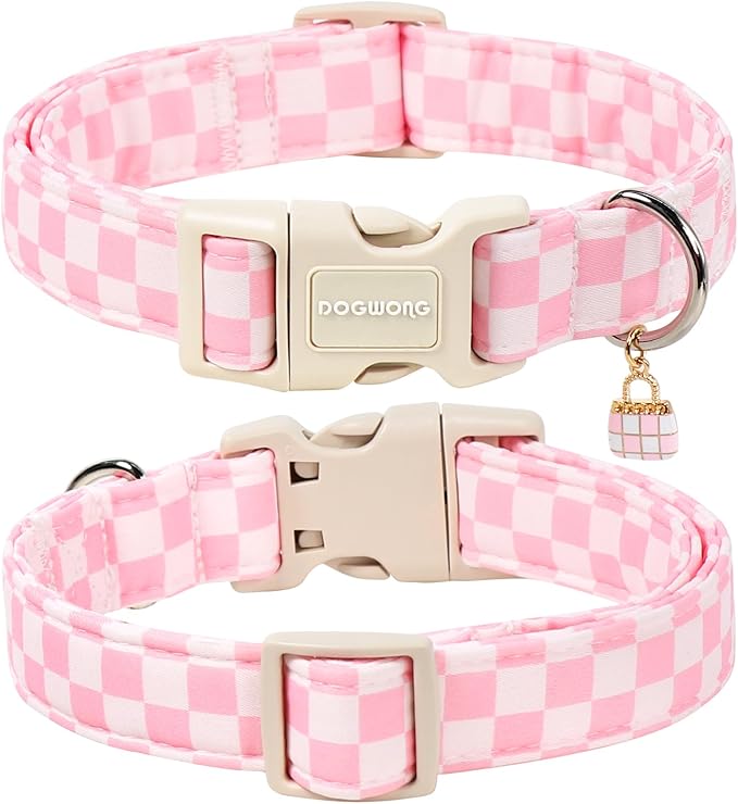 DOGWONG Girl Dog Collar for Large Dogs, Pink Checked Dog Collars, Pink Checked Dogs Collars for Large Dogs, Neck 42-66 inches