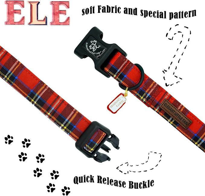 Elegant little tail Christmas Dog Collar, Red Plaid Pet Collar Cotton Soft Plastic Buckle Sturdy Puppy Collars Holiday Female or Male Adjustable Collar for Small Puppy