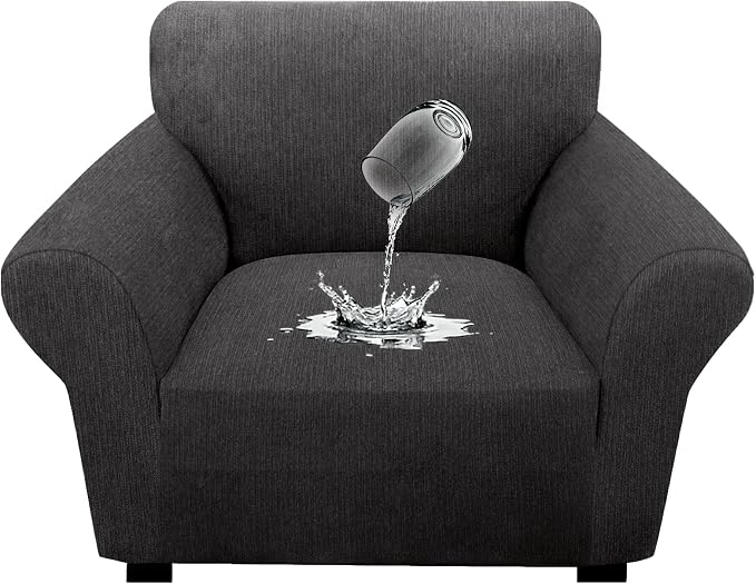 Waterproof Stretch Spandex Chair Sofa Slipcover - Non-Slip Soft Couch Cover with Elastic Bottom, Washable Leakproof Furniture Protector for Kids, Pets, Dogs & Cats (Chair, Dark Gray)