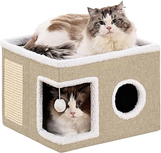 Cat Beds for Indoor Cats Houses, Large Cat Cave with Fluffy Ball and Scratch Pad, Foldable Cat House with Hideaway Tent for Kitten, 16x16x13inch, Khaki
