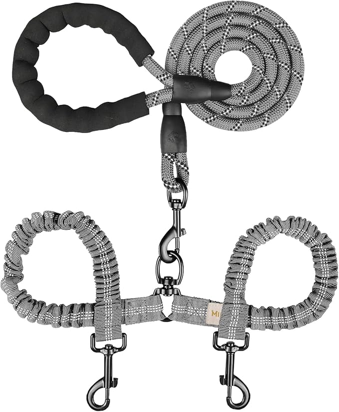MingXpets Double Dog Leash, Dual Dog Leash, 360° Swivel Tangle Free Bungee Walking Training for Large Medium Dogs, Shock Absorbing Bungee Reflective for Two Dogs, 18~120 lbs, Grey