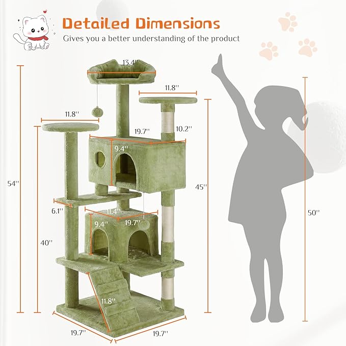 DUMOS 54 Inch Cat Tree Tower, Indoor Multi-Level Pet House for Large Cats Tree with 2 Condos, Scratching Posts, Round Platform, Small Ladder, and Toys, Green