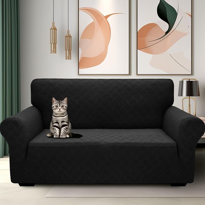 YEMYHOM Couch Cover Latest Jacquard Design High Stretch Sofa Covers for 3 Cushion Couch, Pet Dog Cat Proof Slipcover Non Slip Magic Elastic Furniture Protector (Large, Leaf Patten Black)